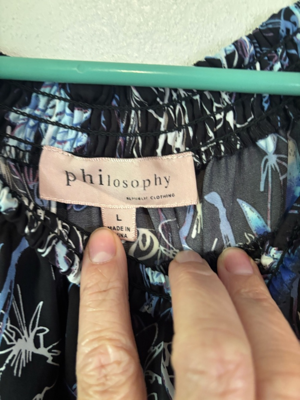 3/$20 Philosophy Black Floral Elastic Neckband Blouse with Blue & White Accents - Picture 3 of 4